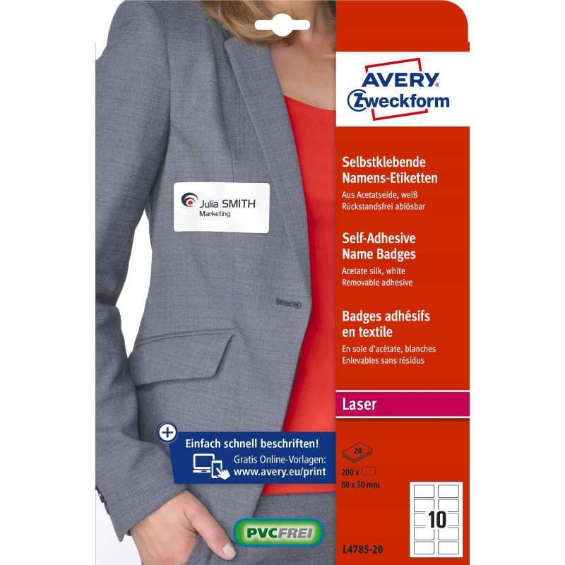 Identyfikator do zadruku 80x50mm 120g samoprzylepny biały sztuczy jedwab L4785-20 AVERY ZWECKFORM