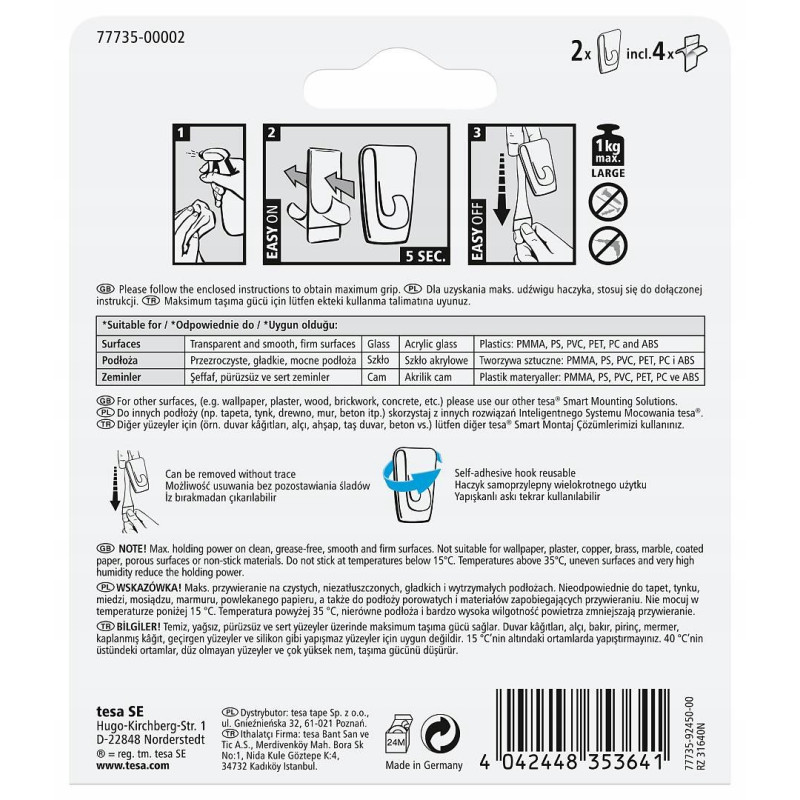 Haczyk dekoracyjny samoprzylepny TESA 1kg. ( 2sztuki) przezroczysty 77735-00002-00 TS