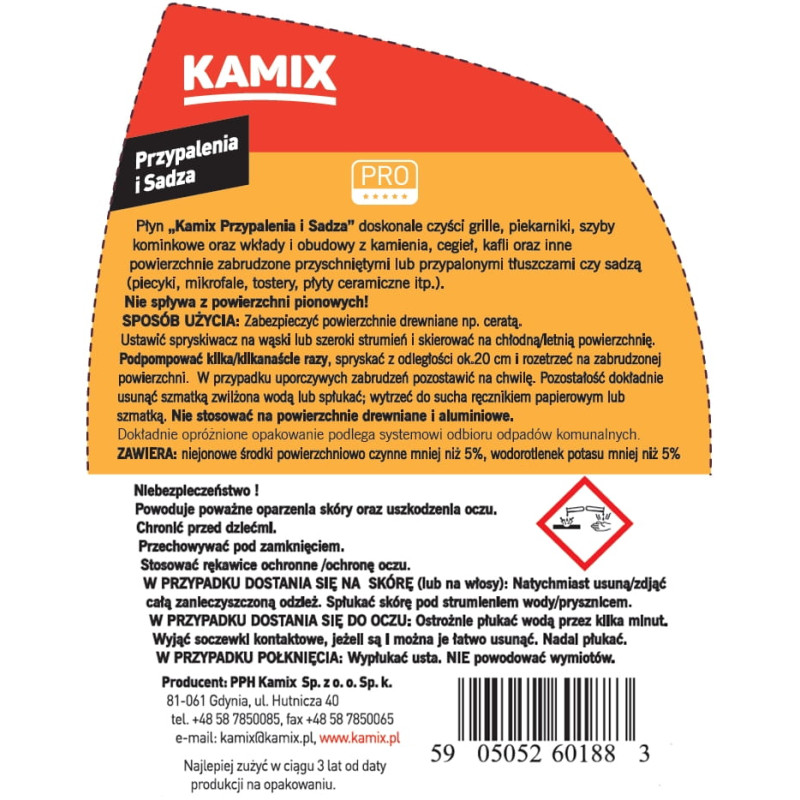 Płyn KAMIX PRZYPALENIA I SADZA czyści grille kominki piekarniki 500ml