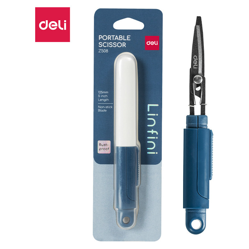 Nożyczki kompaktowe w bezpiecznym etui Linfini niebieskie EZ508B DELI