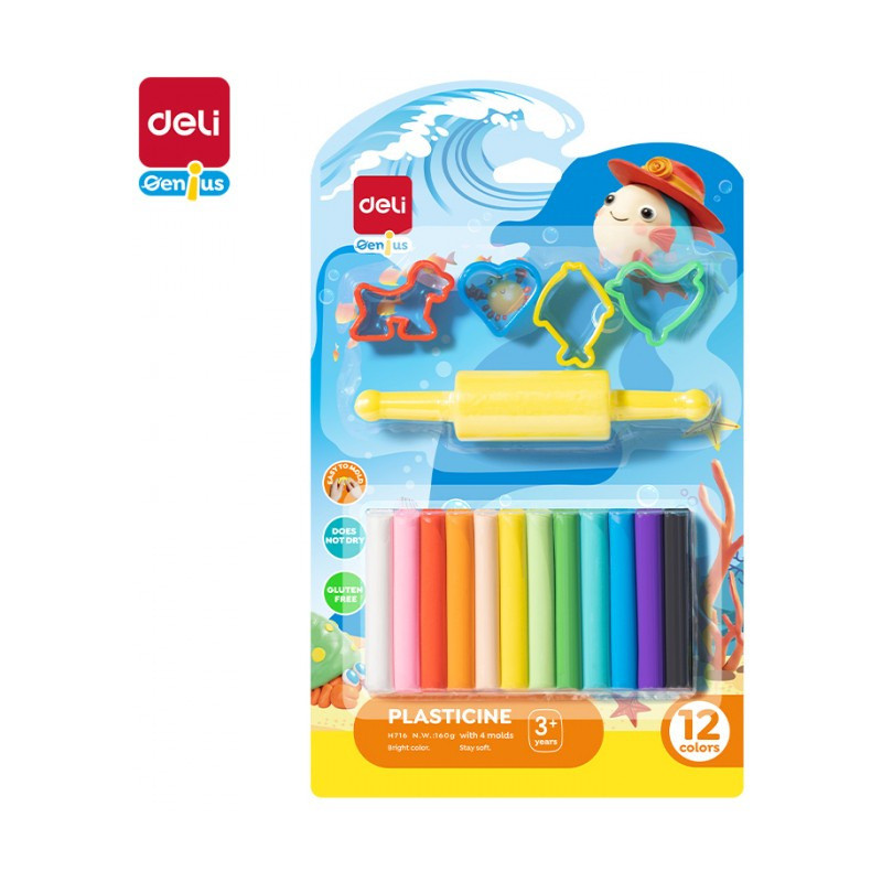 Plastelina 12 kolorów - zestaw z foremkami i wałkiem EH716 DELI