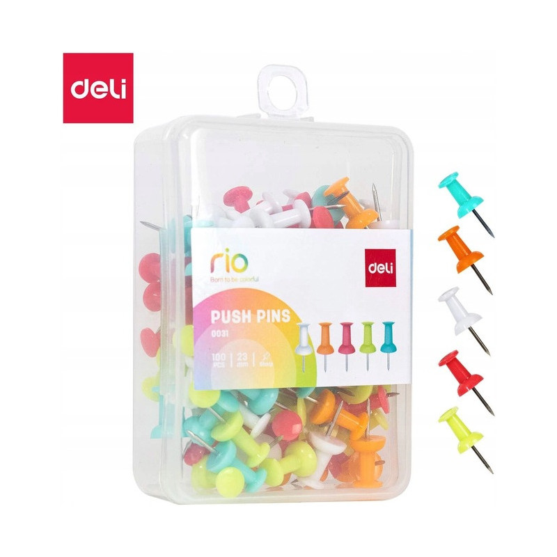 Pinezki do tablicy korkowej beczułki RIO 100szt E0031 DELI