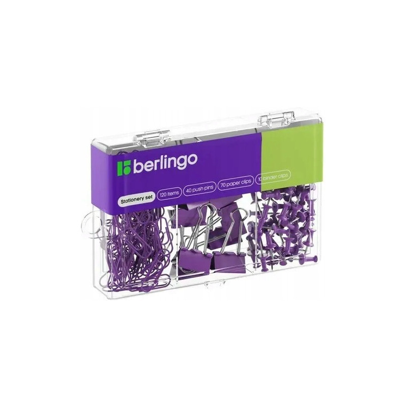 Zestaw 40 pinezek 70 spinaczy 10 klipów fioletowy 353632 BERLINGO