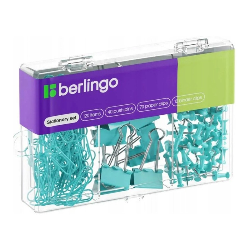 Zestaw 40 pinezek 70 spinaczy 10 klipów niebieski 353629 BERLINGO