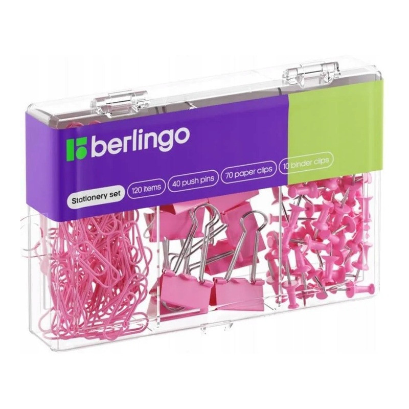 Zestaw 40 pinezek 70 spinaczy 10 klipów różowy 353631 BERLINGO