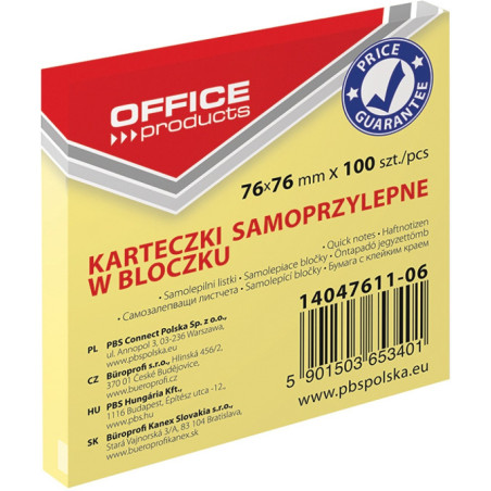 Bloczek samoprzylepny 76x76mm żółty OFFICE PRODUCTS 14047611-06