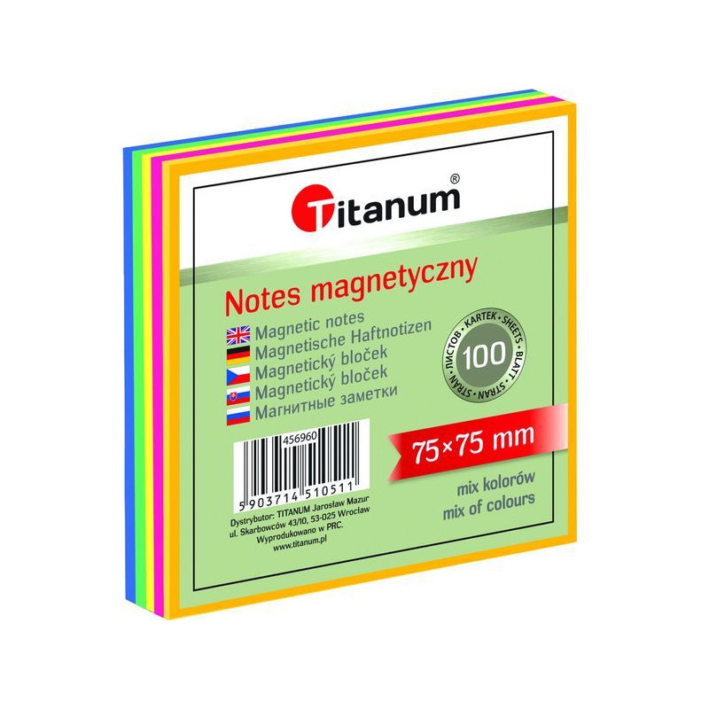 Bloczek magnetyczny mix kol. neonowy 75x75mm 100k. 456960 TITANUM