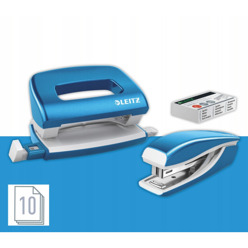 Zszywacz + dziurkacz LEITZ WOW mini 10 kartek niebieski metalik 55612036