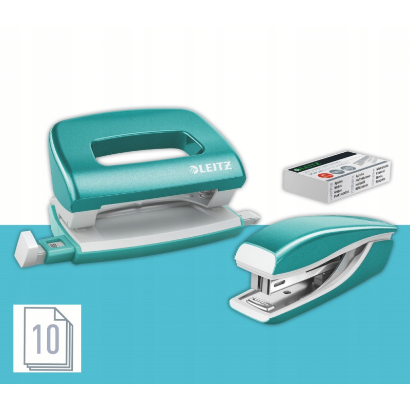 Zszywacz + dziurkacz LEITZ WOW mini 10 kartek turkusowy metalik 55612051