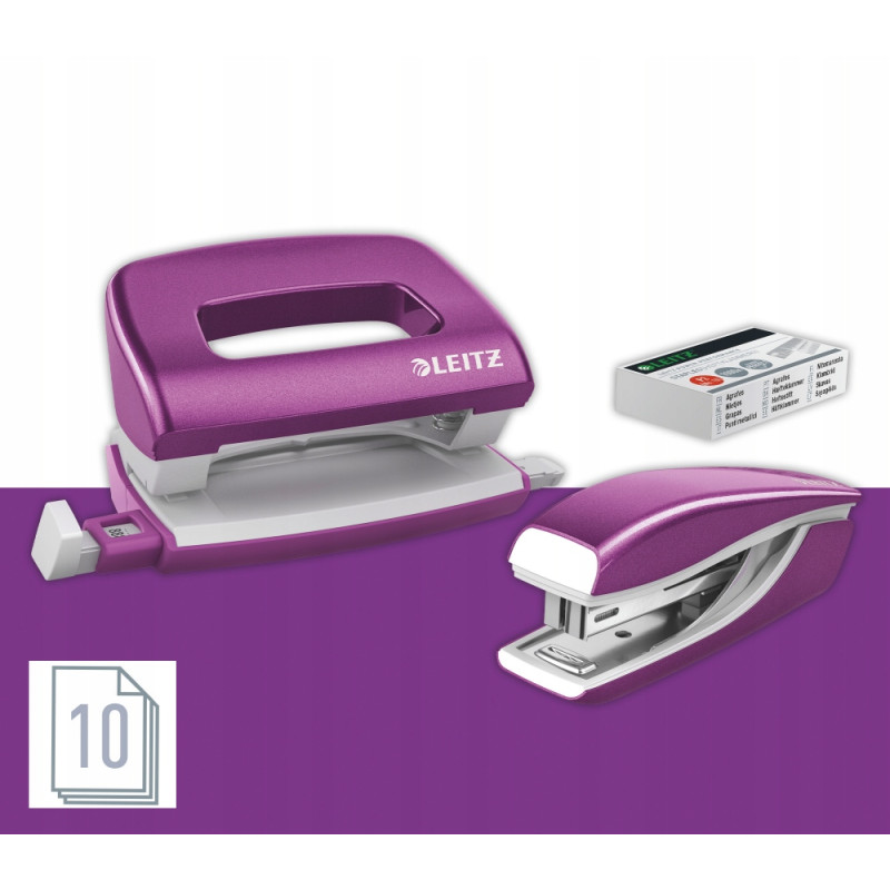 Zszywacz + dziurkacz LEITZ WOW mini 10 kartek fioletowy metalik 55612062
