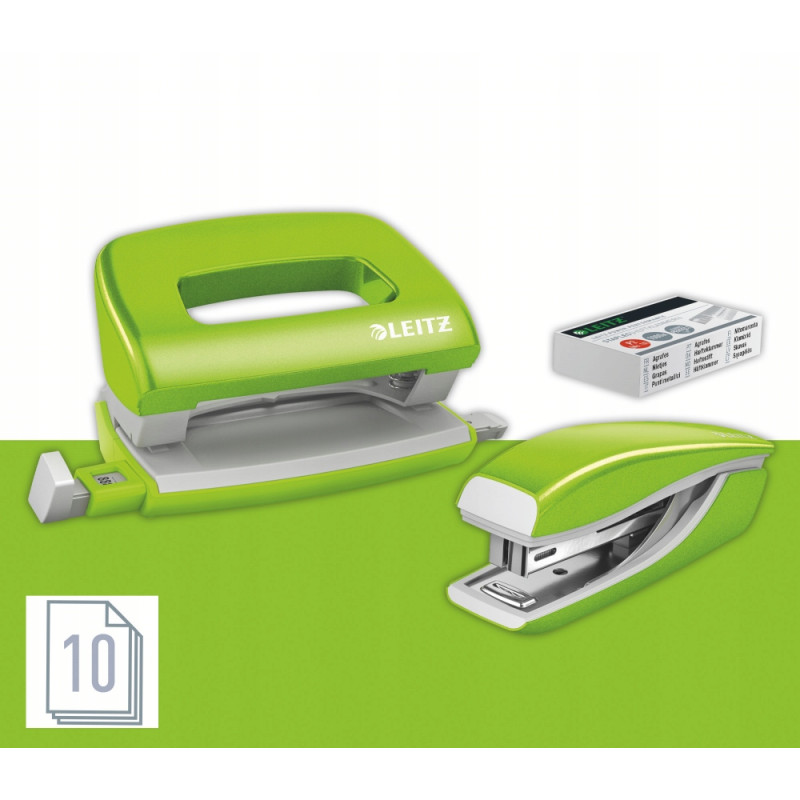 Zszywacz + dziurkacz LEITZ WOW mini 10 kartek zielony metalik 55612054