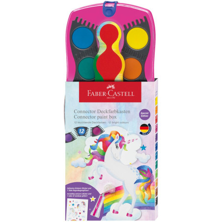 Farby szkolne akwarelowe 12 kolorów + brokat + naklejki, różowa kasetka 125002 FABER-CASTELL