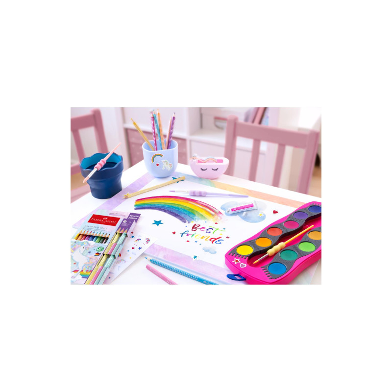 Farby szkolne akwarelowe 12 kolorów + brokat + naklejki, różowa kasetka 125002 FABER-CASTELL