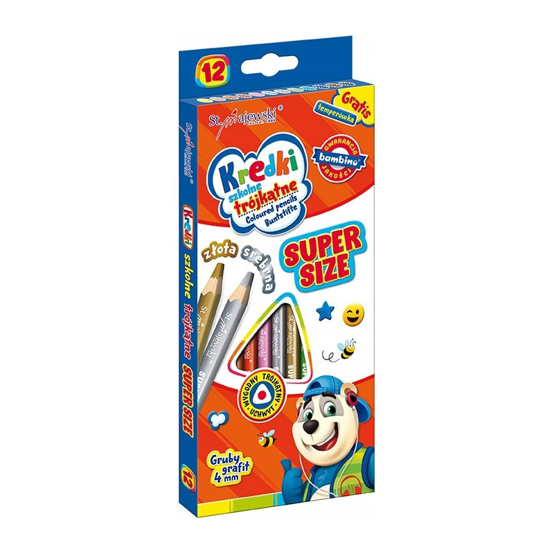 Kredki szkolne trójkątne grube Super Size Zestaw 12 kredek + temperówka BAMBINO St.Majewski