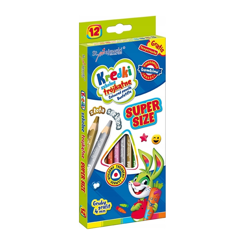 Kredki szkolne trójkątne grube Super Size Zestaw 12 kredek + temperówka BAMBINO St.Majewski