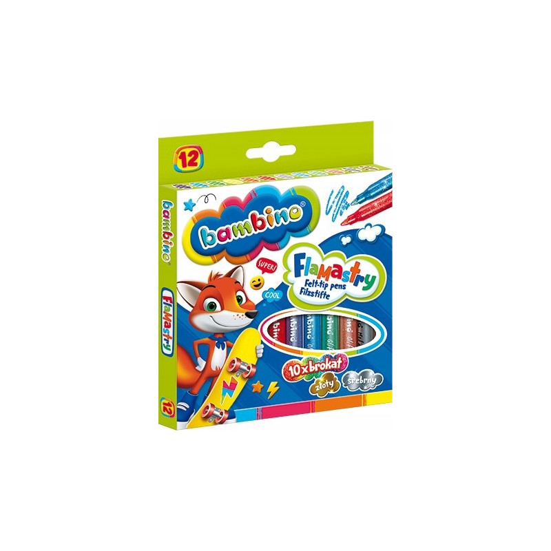 Flamastry brokatowe dla dzieci Zestaw 12 kolorów Pisaki Mazaki BAMBINO St.Majewski