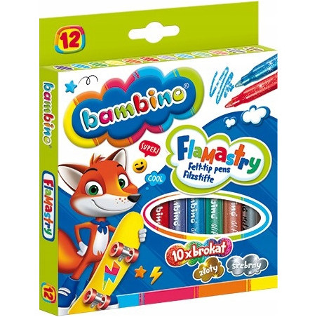 Flamastry brokatowe dla dzieci Zestaw 12 kolorów Pisaki Mazaki BAMBINO St.Majewski