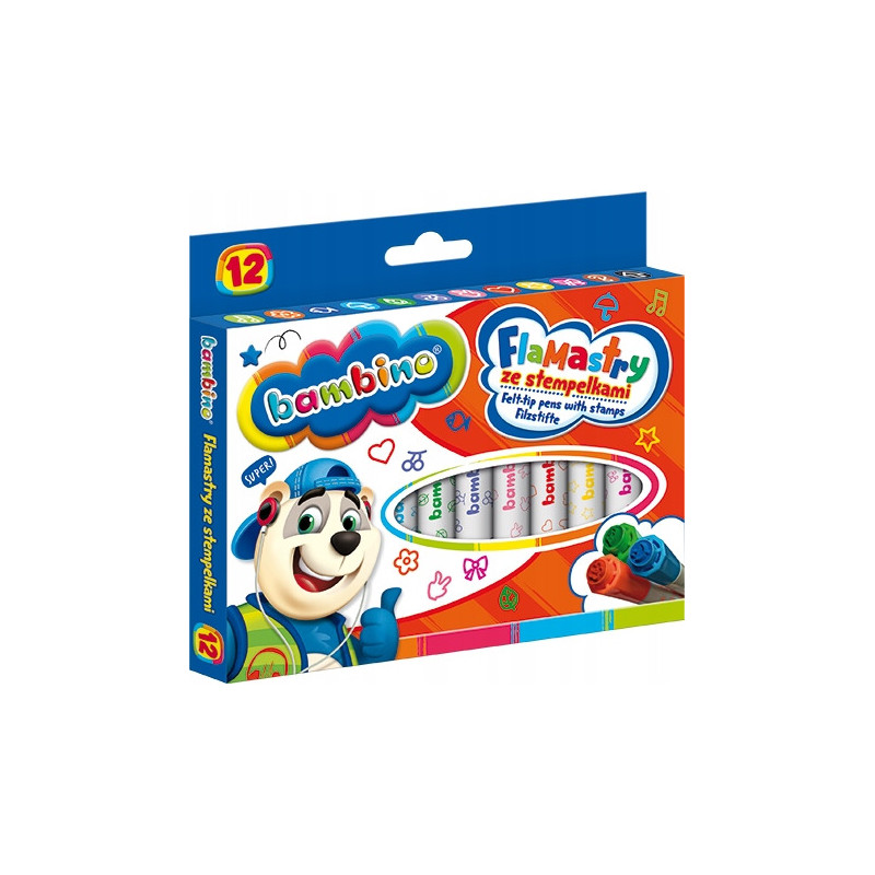 Flamastry dla dzieci ze stempelkami Zestaw 12 kolorów Pisaki Mazaki BAMBINO St.Majewski