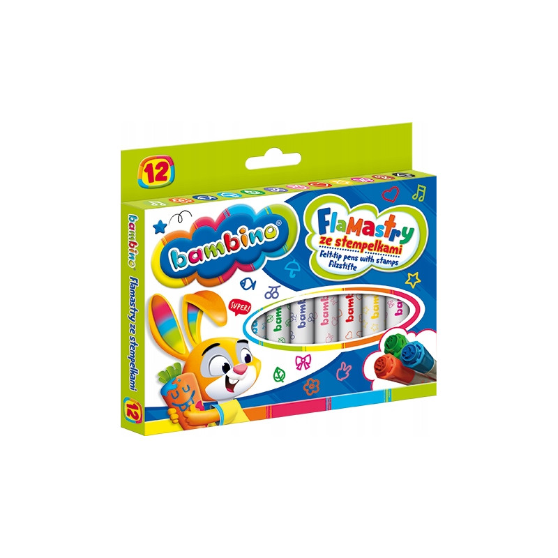 Flamastry dla dzieci ze stempelkami Zestaw 12 kolorów Pisaki Mazaki BAMBINO St.Majewski