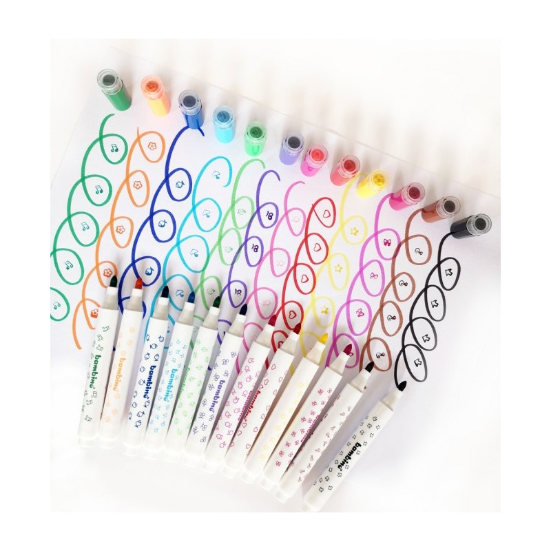 Flamastry dla dzieci ze stempelkami Zestaw 12 kolorów Pisaki Mazaki BAMBINO St.Majewski