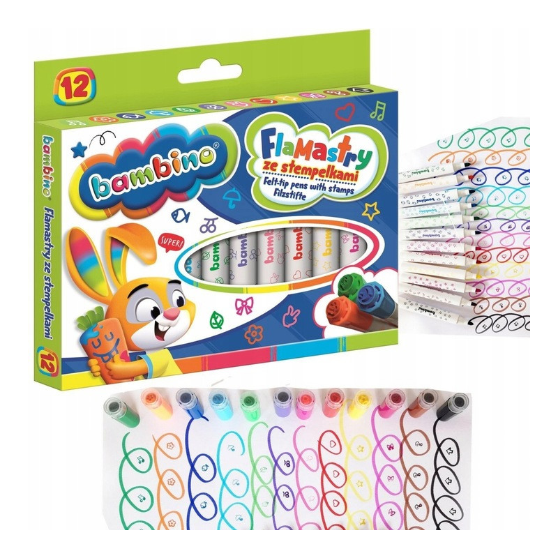 Flamastry dla dzieci ze stempelkami Zestaw 12 kolorów Pisaki Mazaki BAMBINO St.Majewski