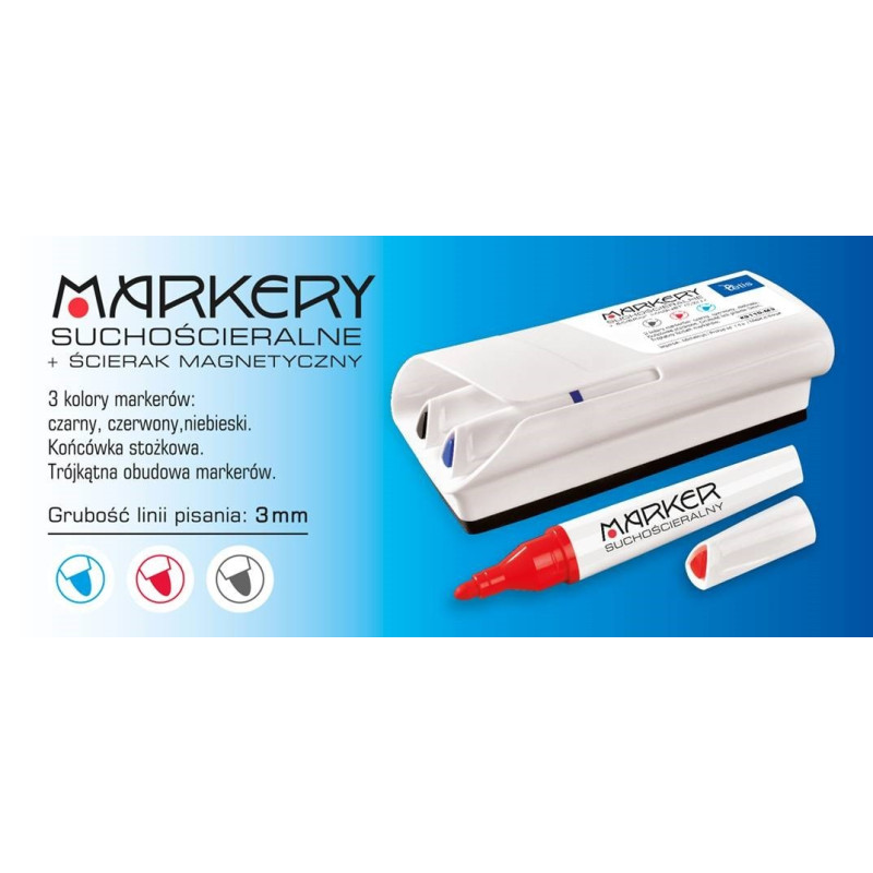 Markery suchościeralne, komplet 3sztuki ( czarny,niebieski,czerowny) + gąbka magnetyczna