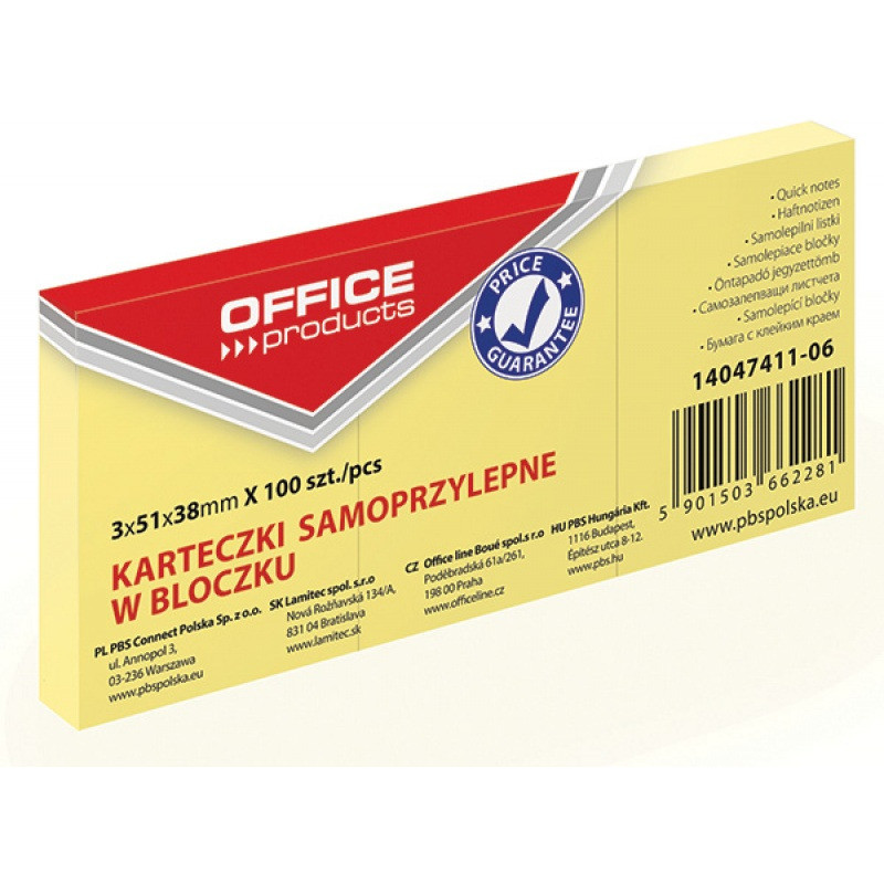 Bloczek samoprzylepny 38x51mm 100k pastel jasno żółty (3szt.) 14047411-06 OFFICE PRODUCTS