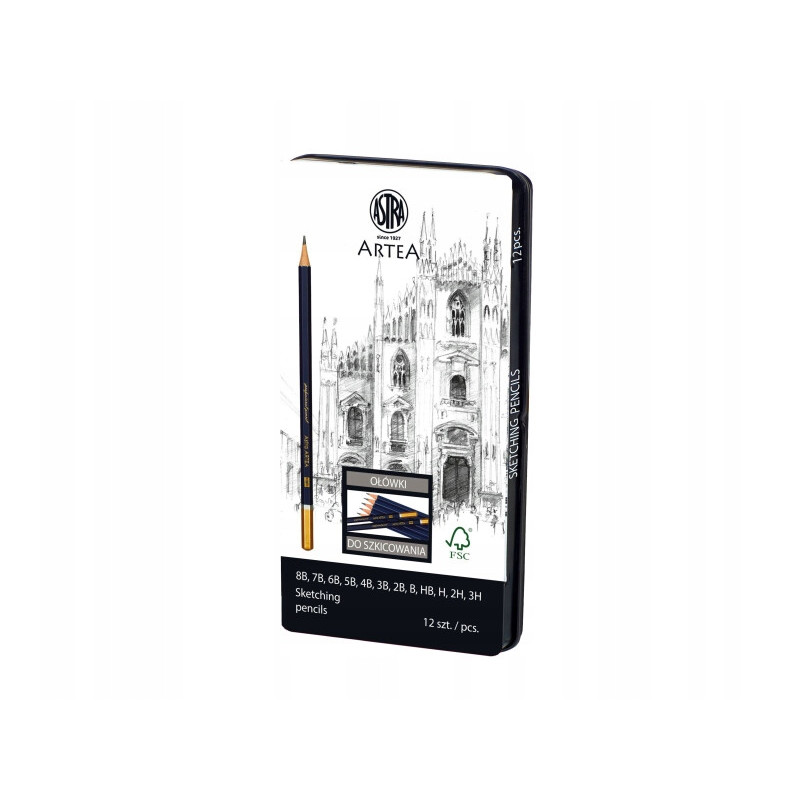 Zestaw ołówków od 8B do 3H 12 sztuk w metalowym pudełku 206120013 ASTRA