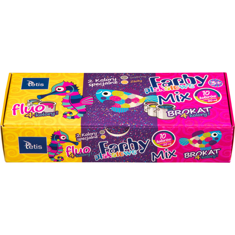 Farby plakatowe mix fluo/brokat 10ml. 10 kolorów KF004-C TETIS