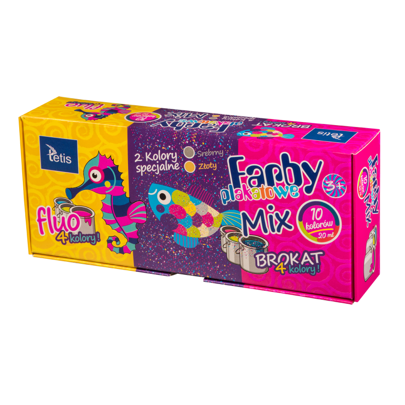 Farby plakatowe mix fluo/brokat 10ml. 10 kolorów KF004-C TETIS