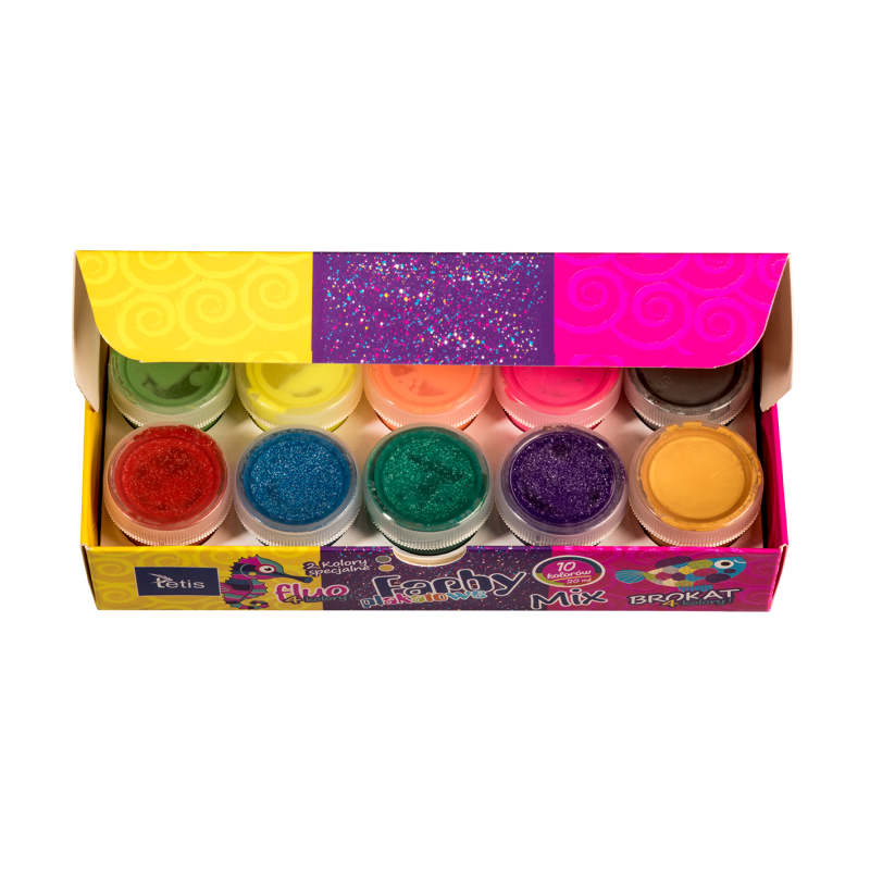 Farby plakatowe mix fluo/brokat 10ml. 10 kolorów KF004-C TETIS