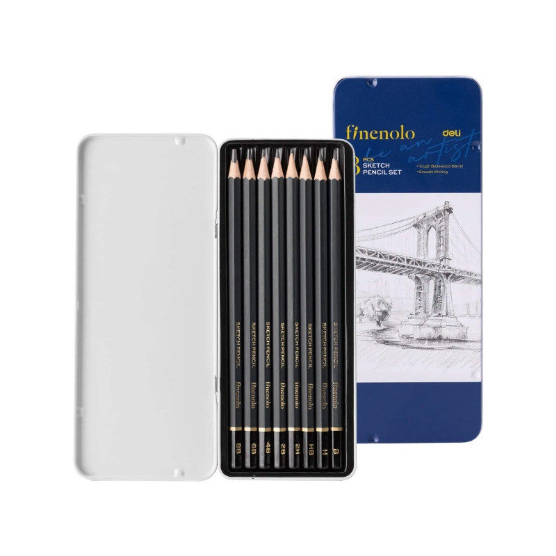 Ołówki do szkicowania FINENOLO 8szt (2H, H, HB, B, 2B, 4B, 6B, 8B) w metalowym opakowaniu EC26 DELI