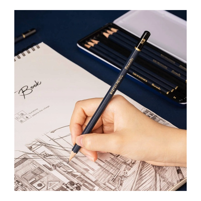 Ołówki do szkicowania FINENOLO 8szt (2H, H, HB, B, 2B, 4B, 6B, 8B) w metalowym opakowaniu EC26 DELI