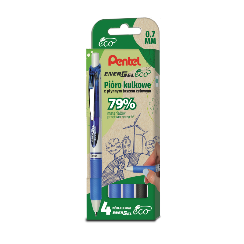 Pióro kulkowe ENERGEL 3x niebieski, 1x czarny komplet 4sztuk BL77E PENTEL