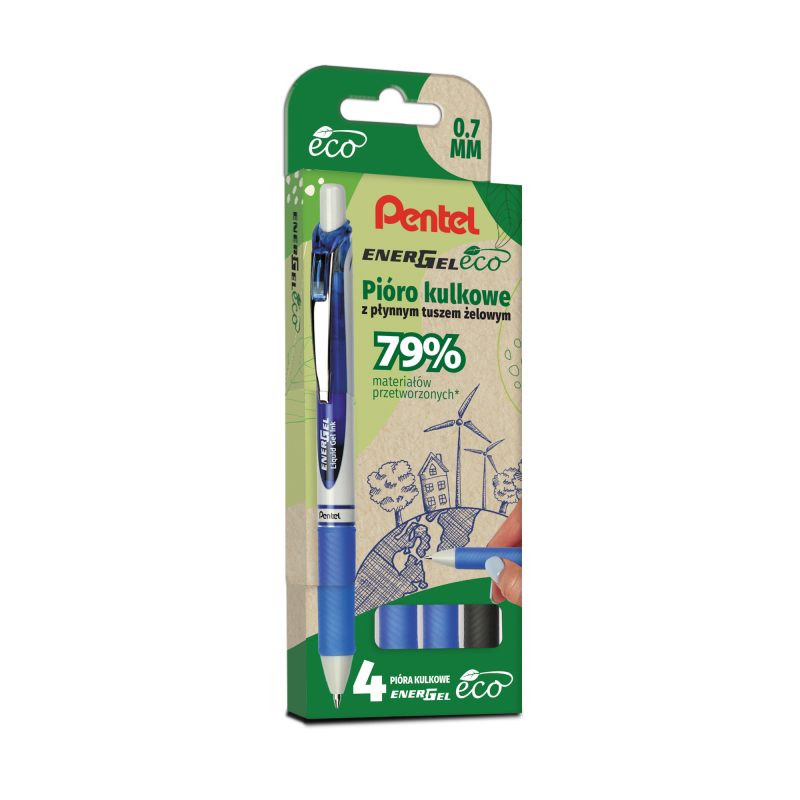 Pióro kulkowe ENERGEL 3x niebieski, 1x czarny komplet 4sztuk BL77E PENTEL