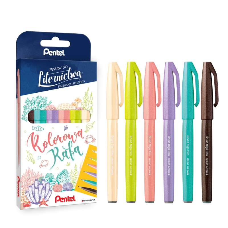 Pisak PENTEL BRUSH SIGN PEN kpl. 6 kolorów SES15C