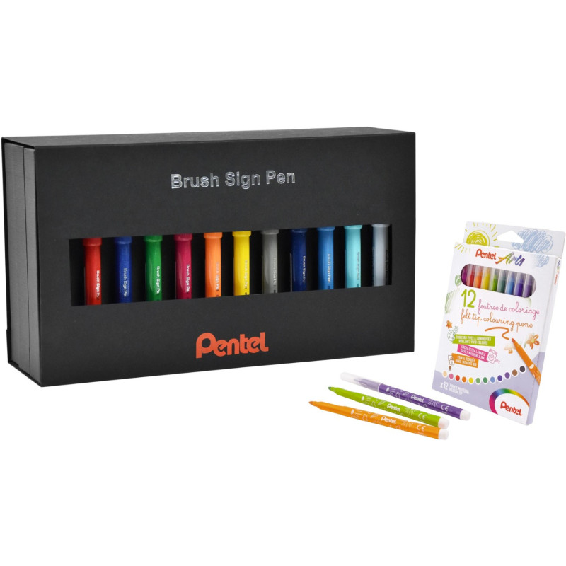 Komplet zestaw pisaków BRUSH PEN 36szt SES15C-ST36PL + flamastry ARTS 12kol SCS2E-12 PENTEL