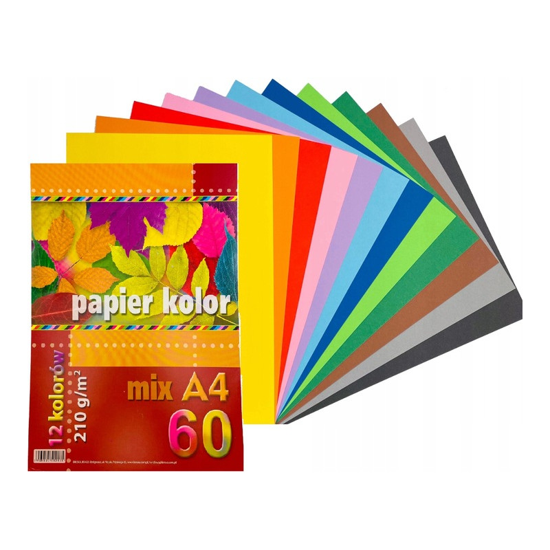 Papier A4 kolorowy mix 12 kol. 210g (60ark) KRESKA