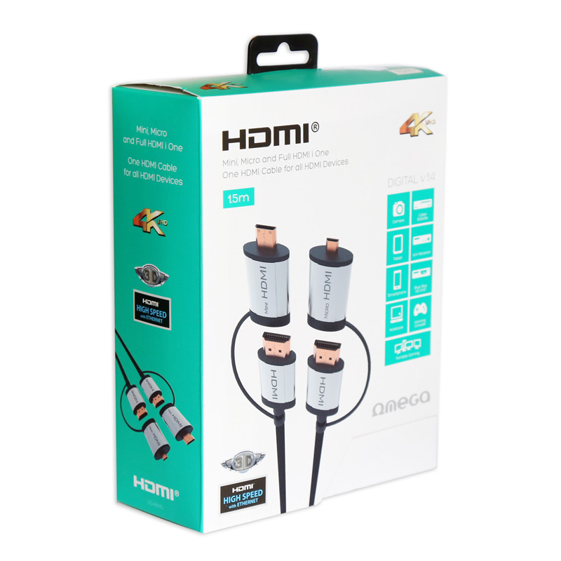 Kabel HDMI - HDMI + adapter mini/micro HDMI 1,5m v.1.4 czarny OMEGA (43865)