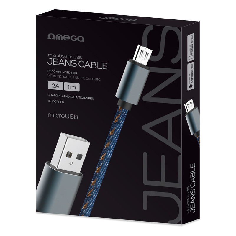 Kabel USB-A - microUSB 1m 2A pleciony niebieski OMEGA JEANS (44200)