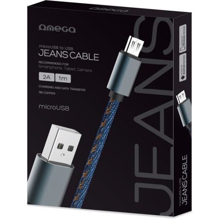 Kabel USB-A - microUSB 1m 2A pleciony niebieski OMEGA JEANS (44200)