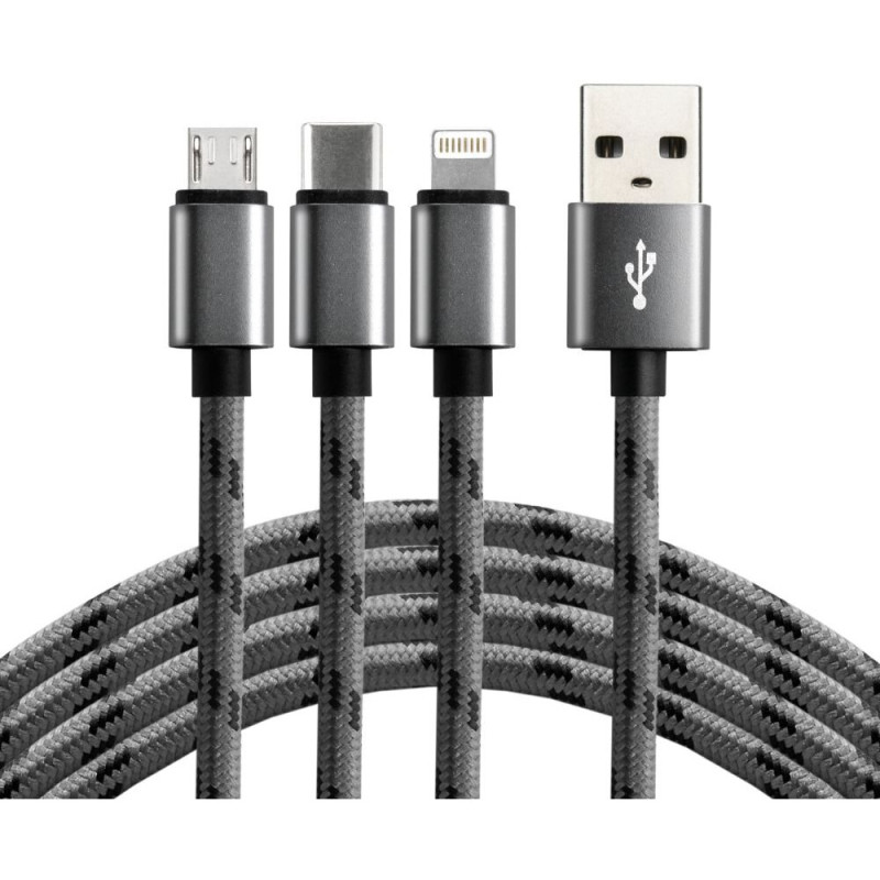 Kabel USB-A - USB-C/microUSB/Lightning 3w1 1,2m 2,4A pleciony czarny EVERACTIVE (CBB-1.2MCI)