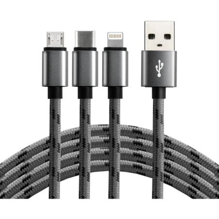 Kabel USB-A - USB-C/microUSB/Lightning 3w1 1,2m 2,4A pleciony czarny EVERACTIVE (CBB-1.2MCI)