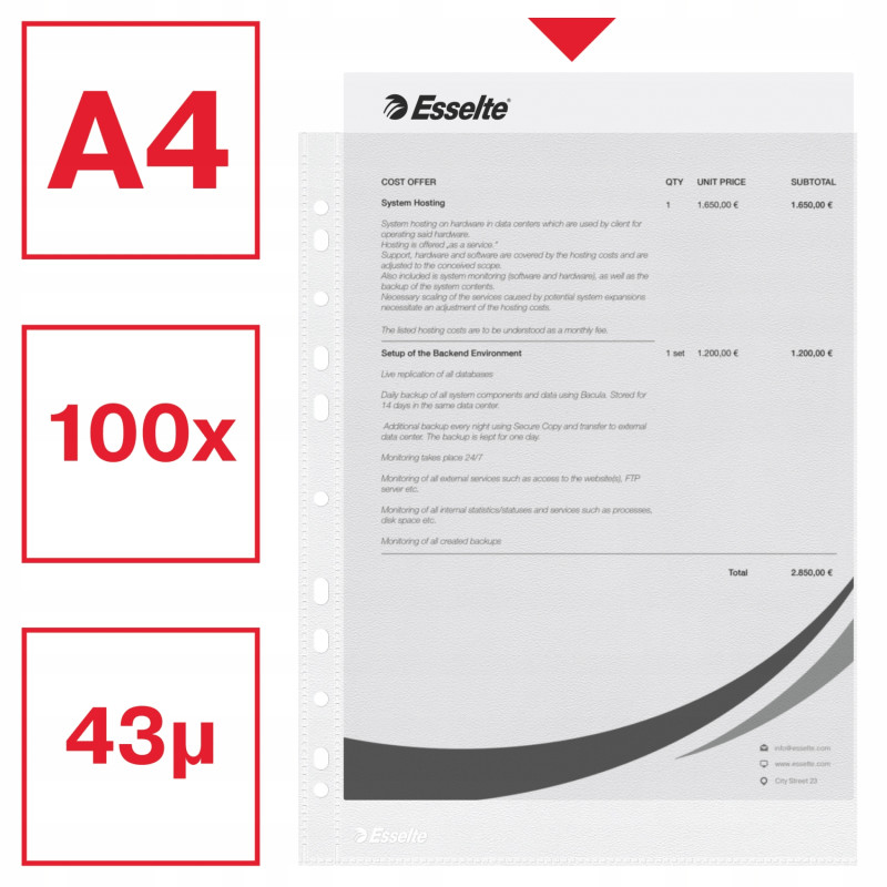 Koszulki groszkowe na dokumenty A4 35mic 100 sztuk 16690 ESSELTE