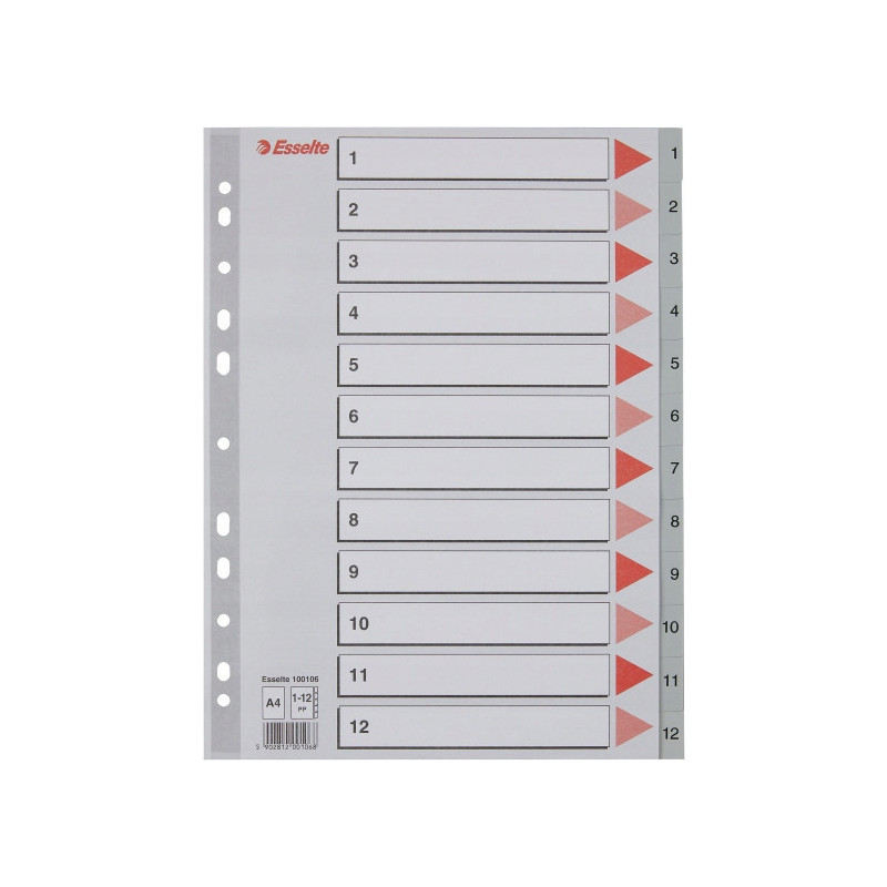 Przekładki plastikowe szare PP A4 1-12 numeryczne 100106 ESSELTE