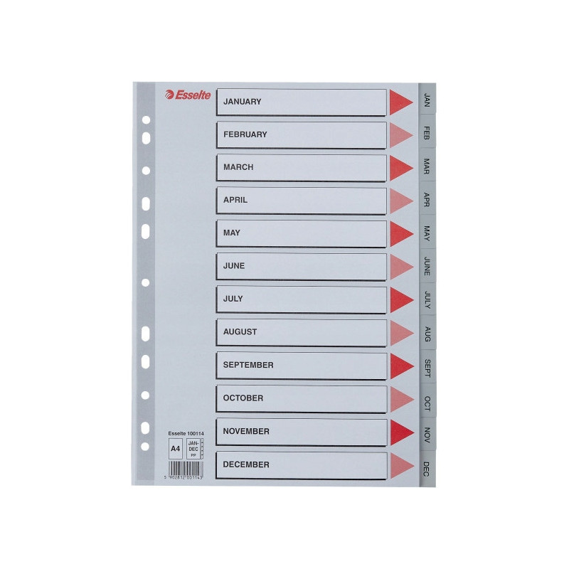 Przekładki plastikowe szare PP A4 12 miesięcy numeryczne 100114 ESSELTE
