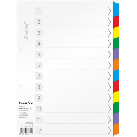 Przekładki do segregatora A4 12 kart laminowane TRY-02-06 BIURFOL
