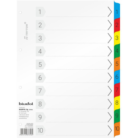 Przekładki numeryczne do segregatora A4 1-10 laminowane TRY-04-02 BIURFOL