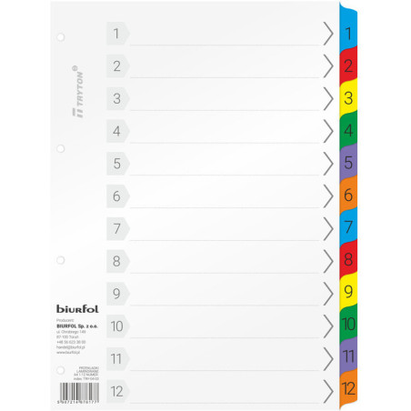 Przekładki laminowane A4 1-12 numeryczne do segregatorów TRY-04-03 BIURFOL