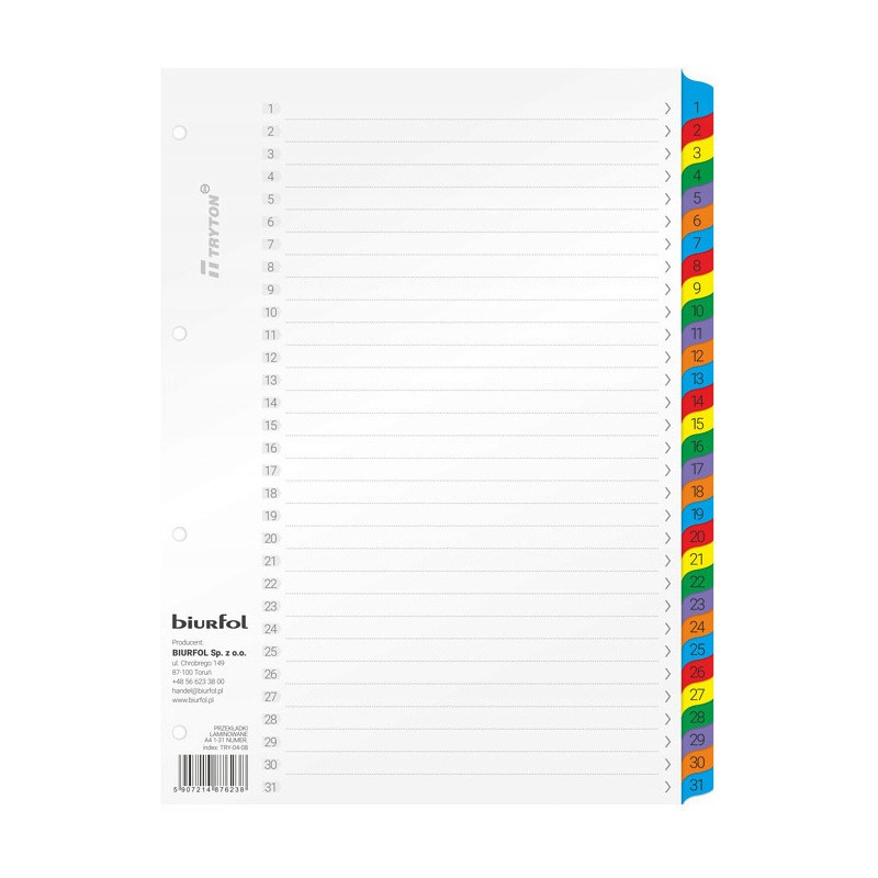 Przekładki numeryczne do segregatora A4 1-31 laminowane TRY-04-08 BIURFOL